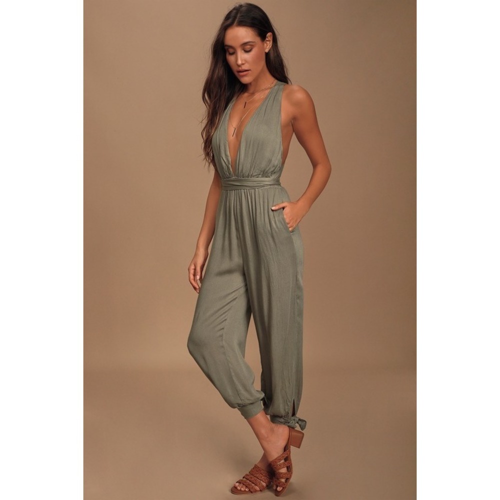 Lulus Lolinda Washed Olive Green Convertible Halter Jumpsuit - Size XS